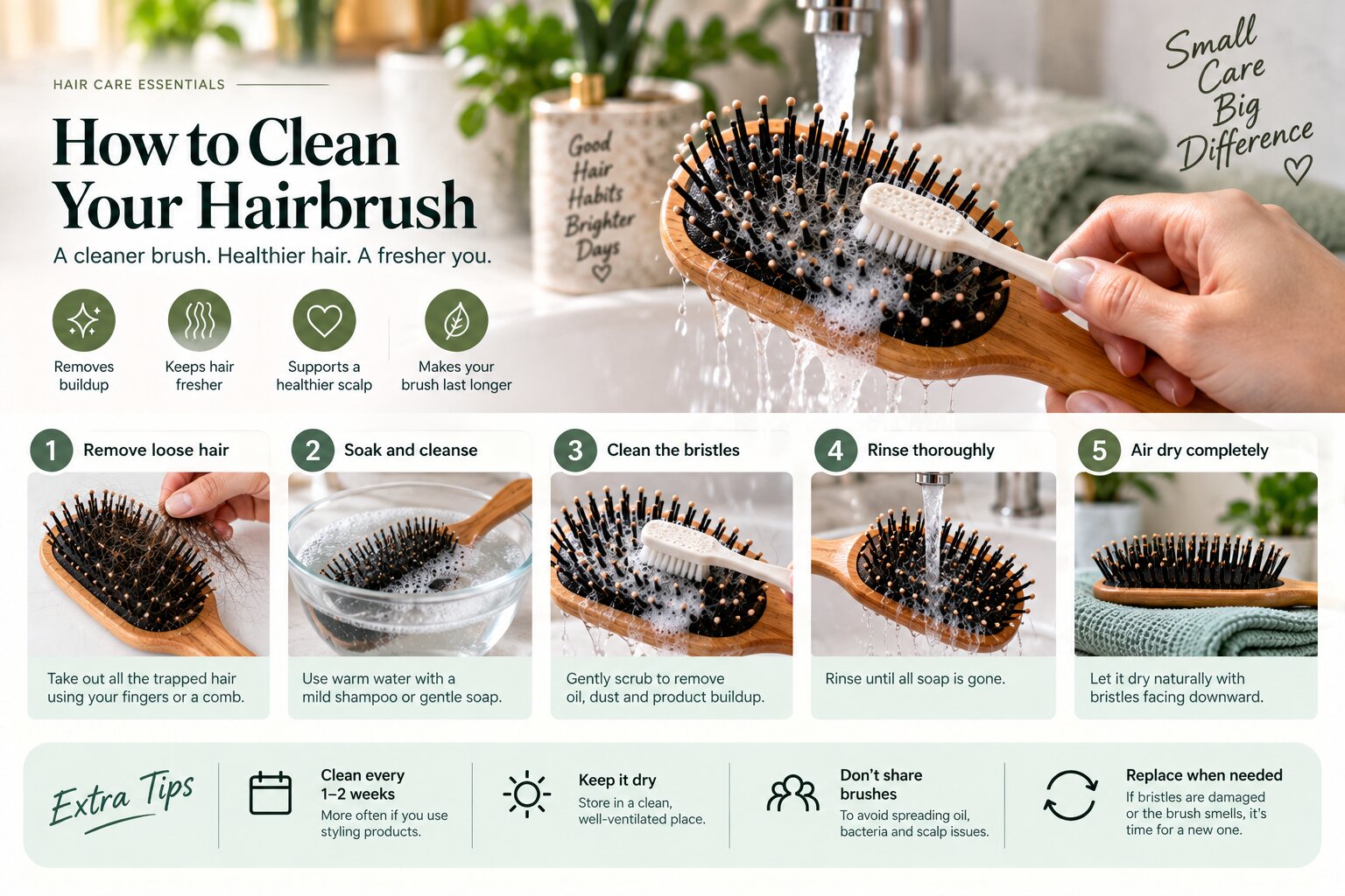 Step-by-step guide showing how to clean a hairbrush with water and a small brush