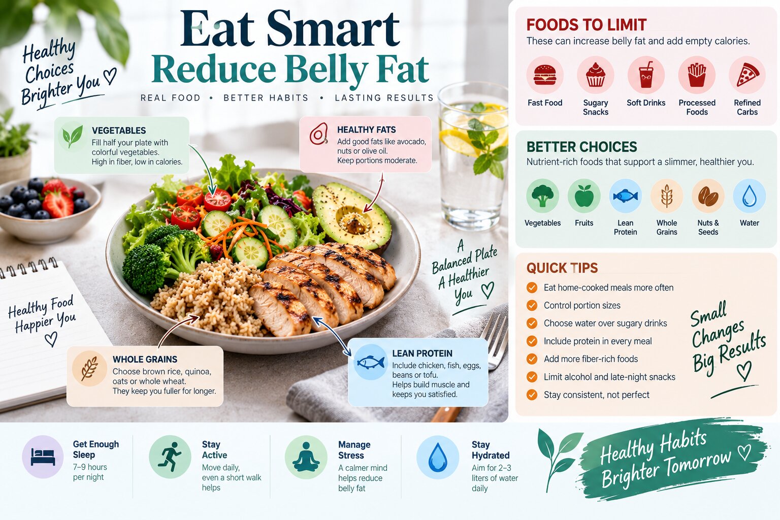 Balanced healthy meal with vegetables, lean protein, whole grains and healthy fats