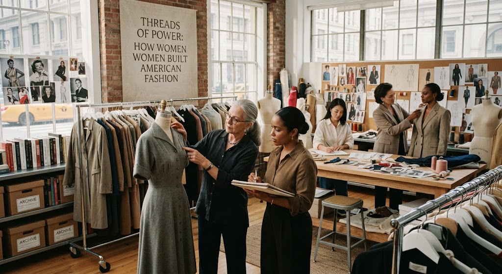 Editorial fashion design scene representing American sportswear and women's fashion innovation