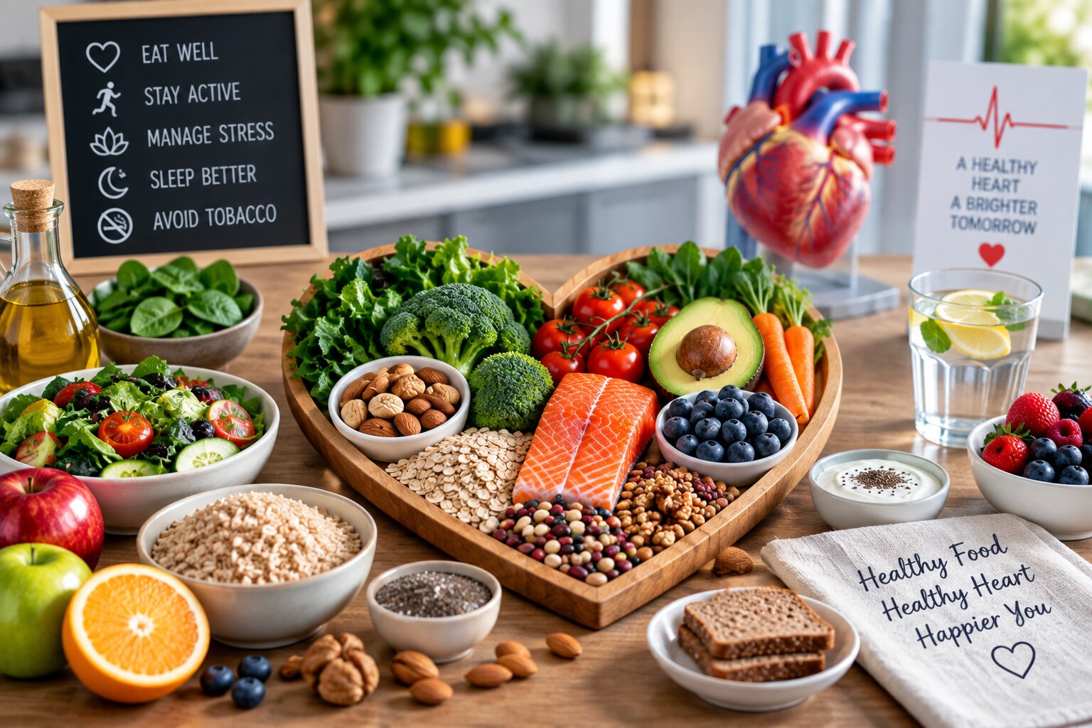 Heart-healthy foods including vegetables, salmon, berries, avocado, nuts, oats, beans and whole-grain bread