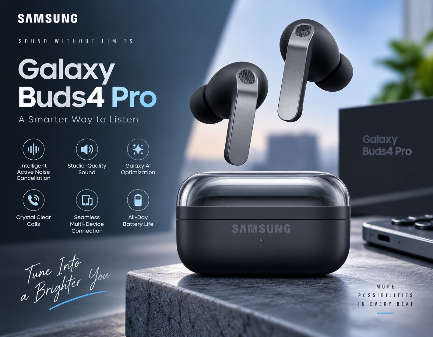 Best Wireless Earbuds On Amazon, Samsung Galaxy Buds4 Pro close-up showing premium wireless earbuds and charging case, AI-generated editorial image for illustrative purposes.