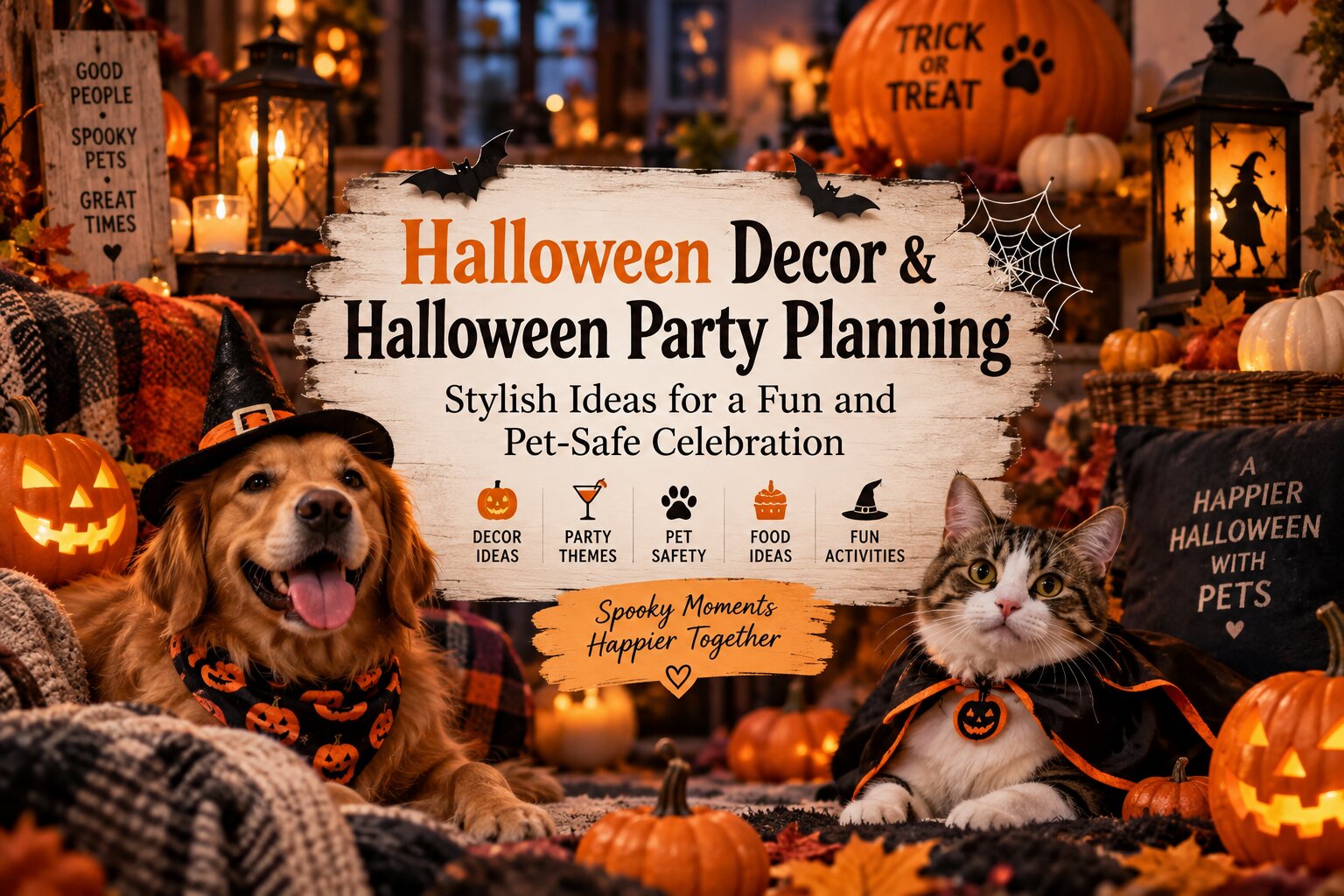 Halloween decor and pet-safe party planning ideas with a dog and cat