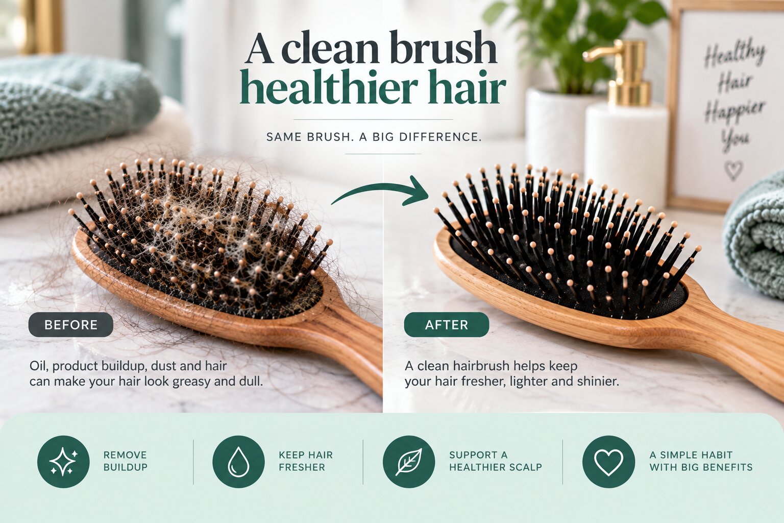 A woman with greasy hair beside a hairbrush covered in buildup