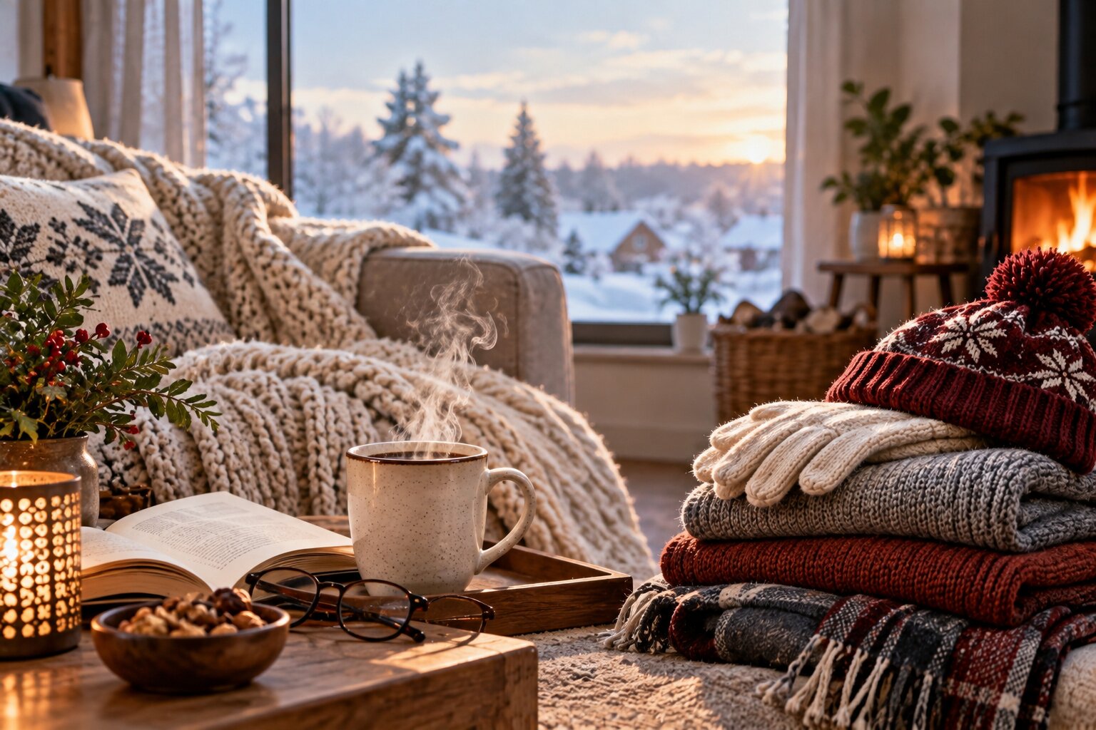 Cozy winter indoor lifestyle setting with a warm drink, open book, knitted blanket, fireplace and folded winter clothing