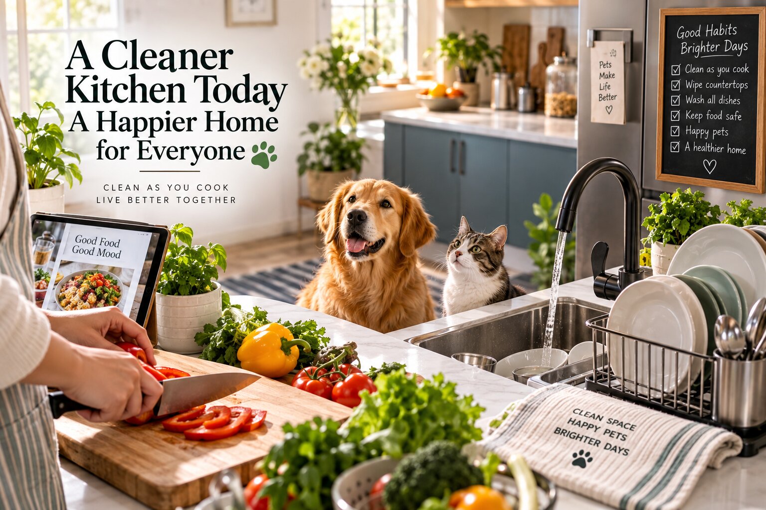 Sunlit clean kitchen with vegetables on a cutting board, polished countertop, sink and organised dish rack