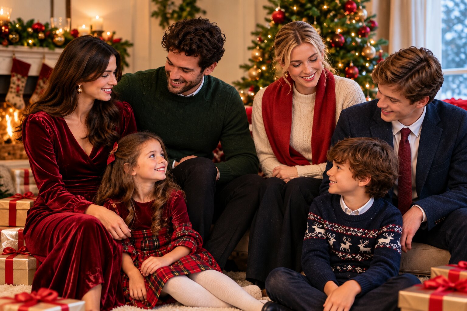 Elegant woman wearing a deep burgundy velvet dress in a cozy Christmas living room