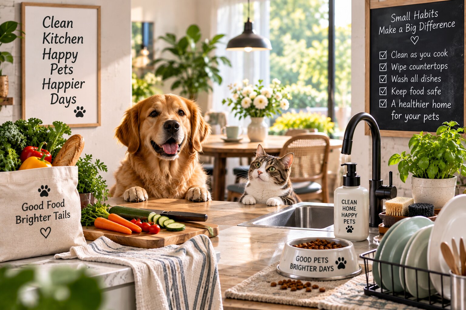 Clean kitchen preparation area with cutting board, fresh vegetables, herbs, sink and neatly arranged utensils