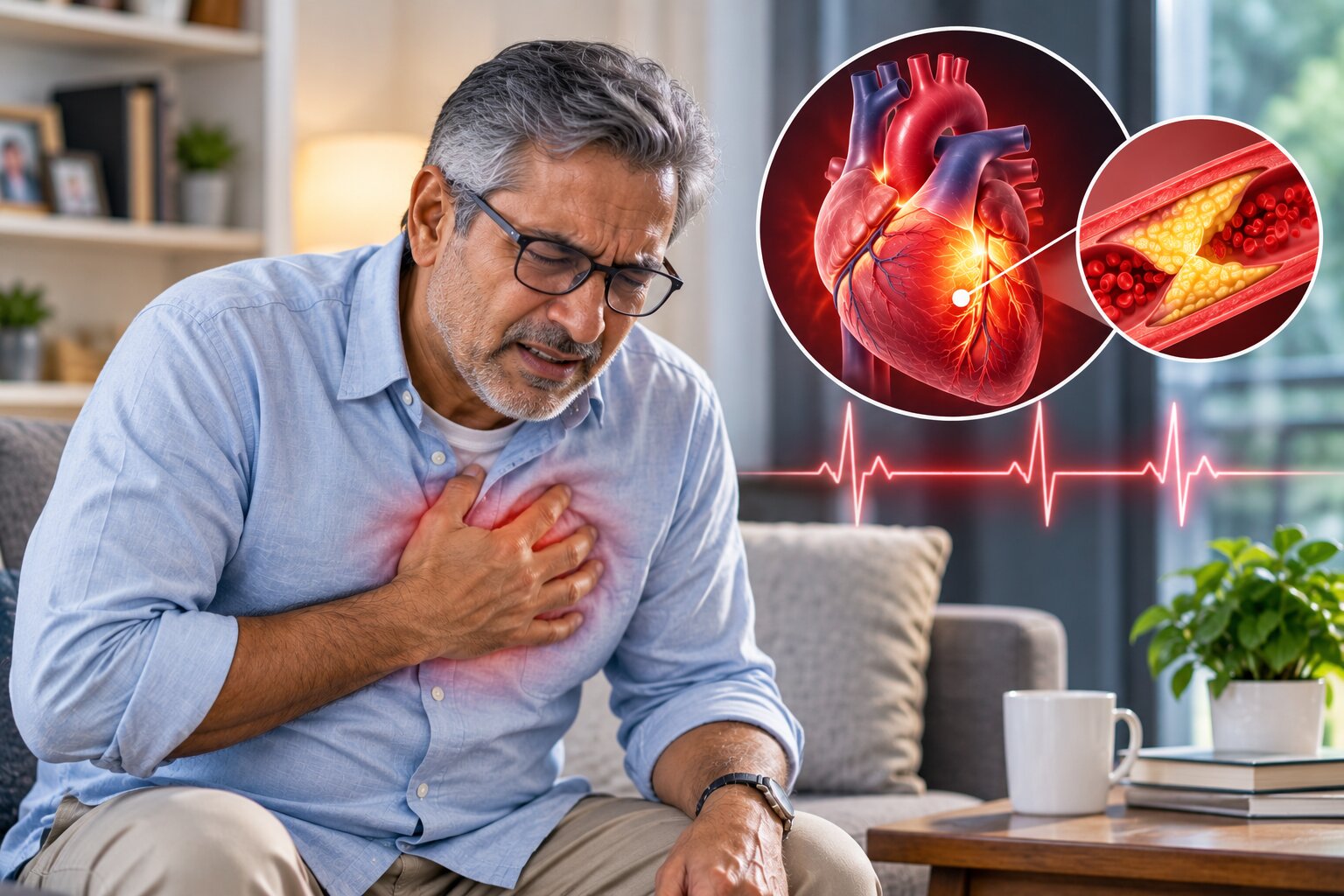 Man experiencing chest pain with a medical illustration of the heart and a narrowed coronary artery