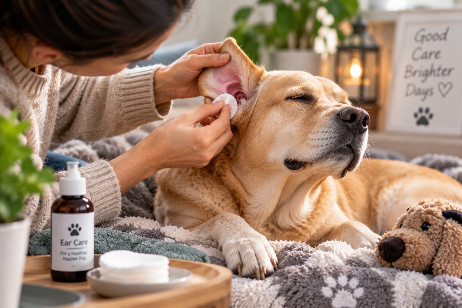 Golden Labrador relaxing while a pet owner gently cleans its ear as part of a regular dog grooming routine