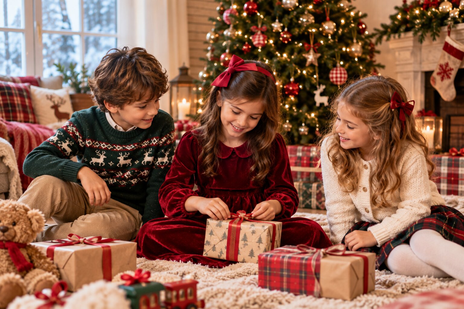 Children wearing festive Christmas outfits while opening presents beside a decorated Christmas tree