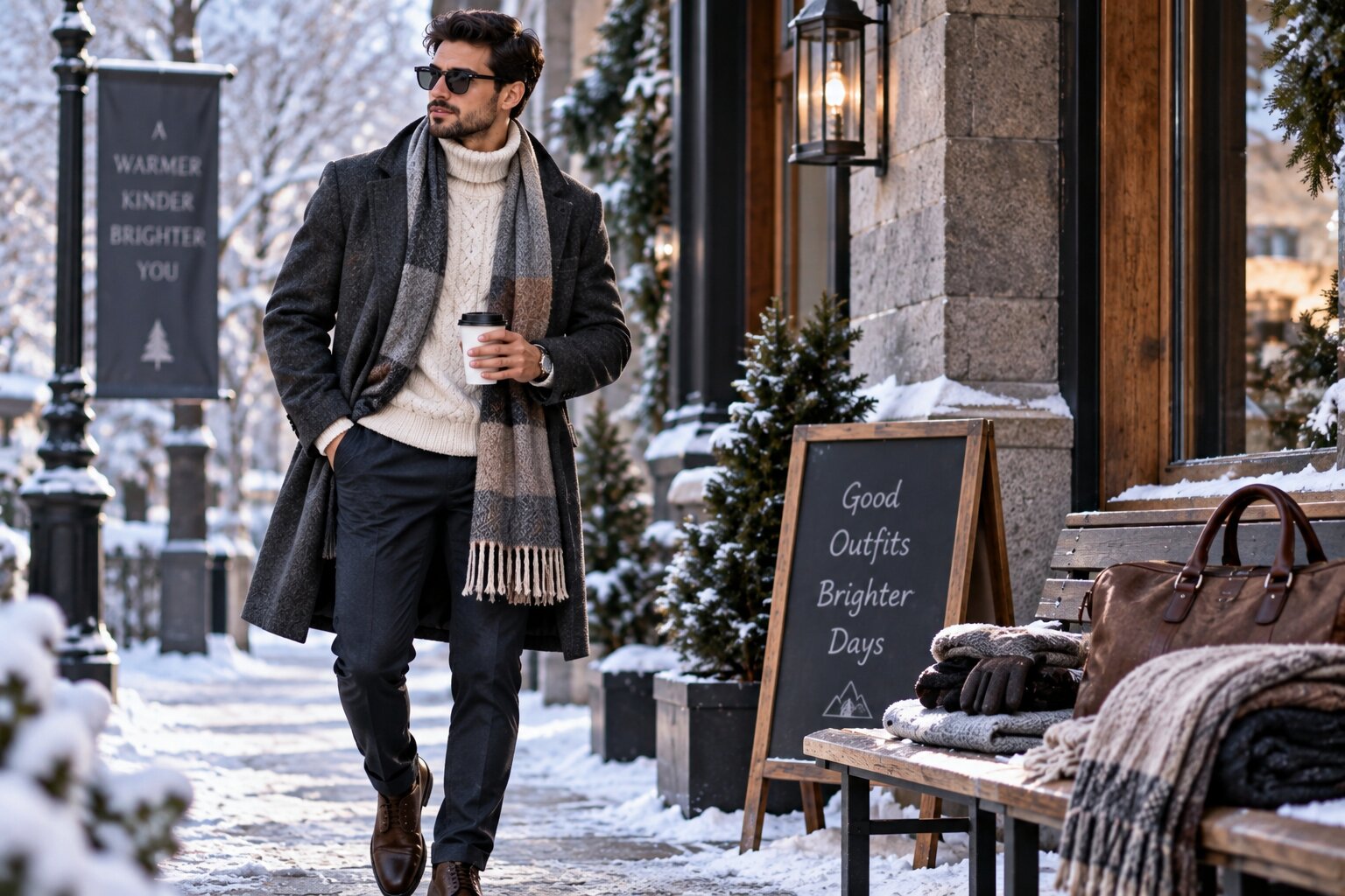 Stylish man wearing a charcoal winter overcoat, cream knitted turtleneck, scarf, dark trousers and leather boots outdoors