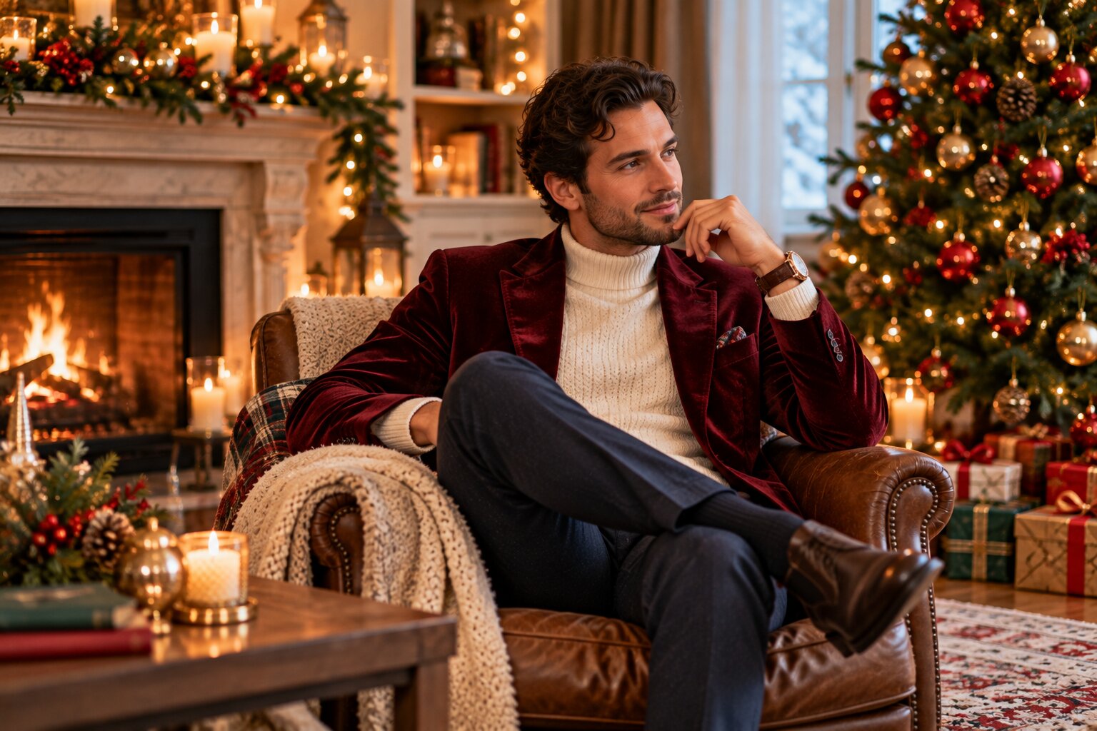 Man wearing a burgundy velvet blazer and cream knitwear in an elegant Christmas interior