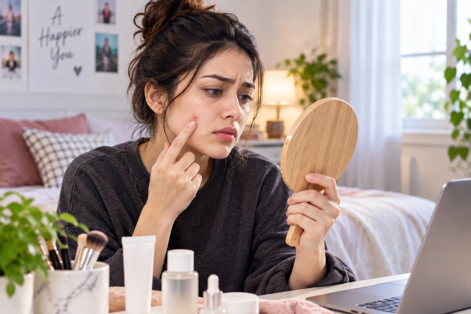 Gentle skincare products arranged for acne-prone facial skin