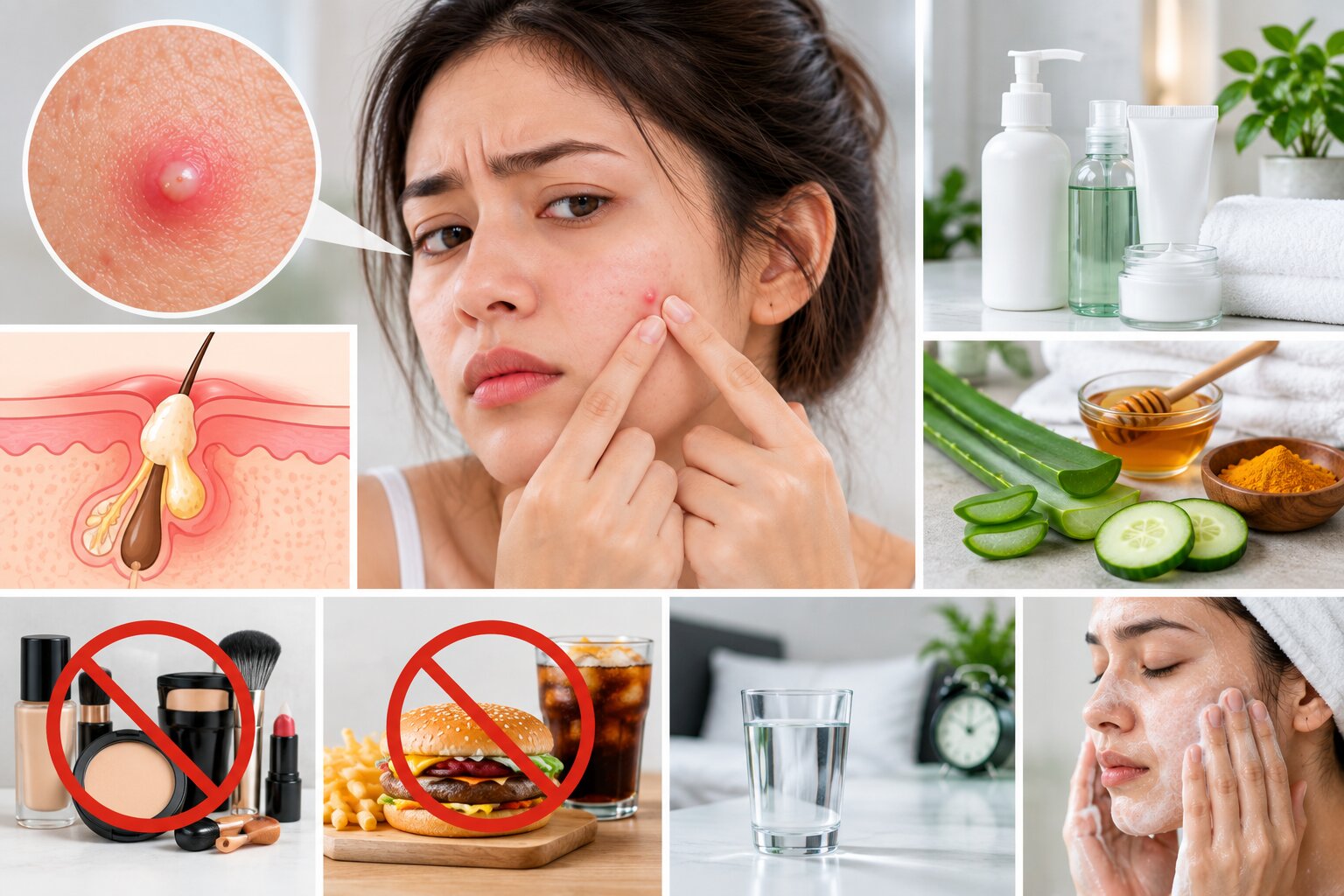 Woman examining acne and pimples on her face in a mirror
