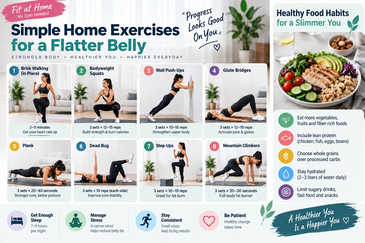 Simple home exercises including core workouts for a stronger body