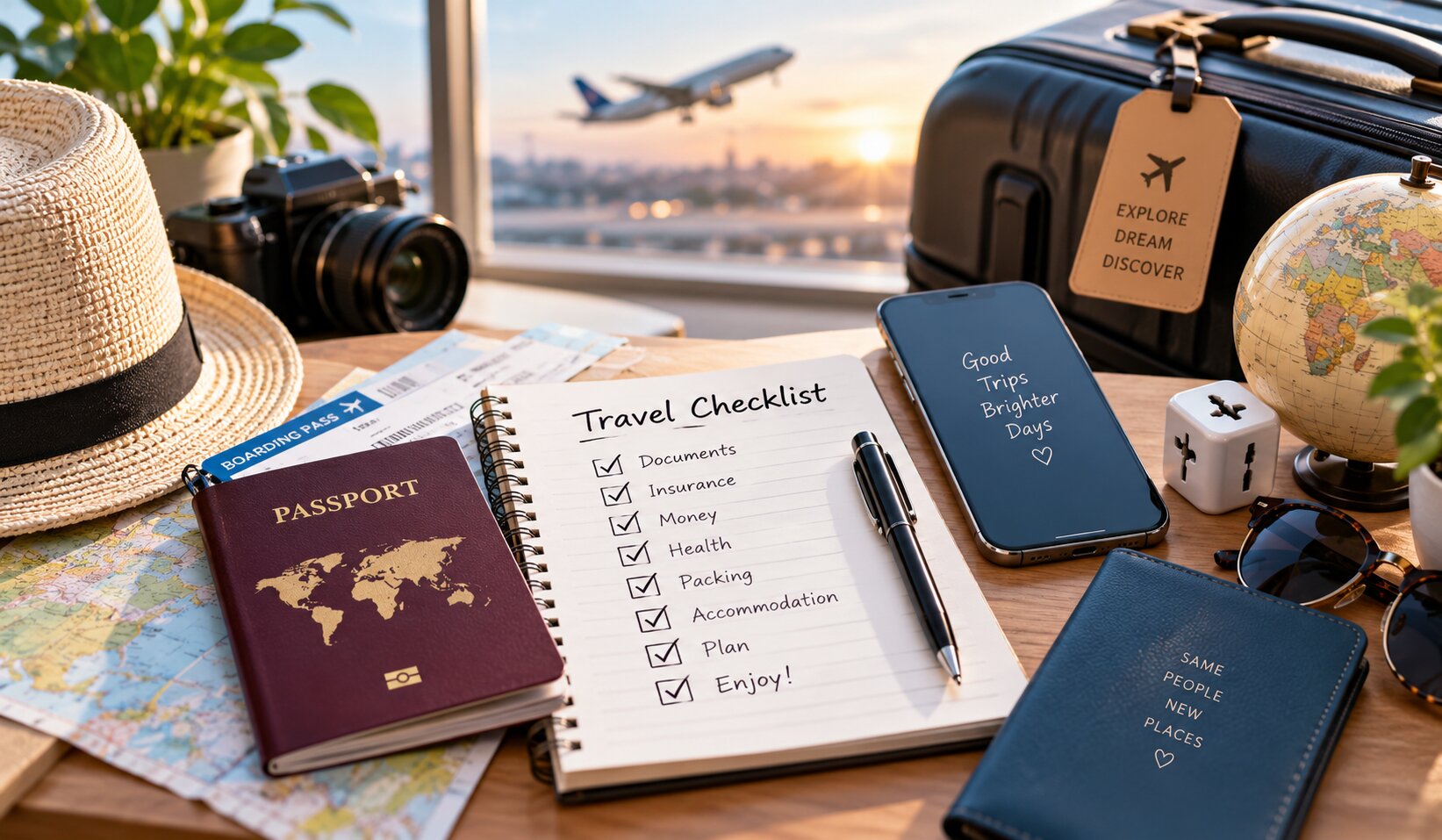 Traveler preparing for a journey with luggage and travel essentials before leaving home