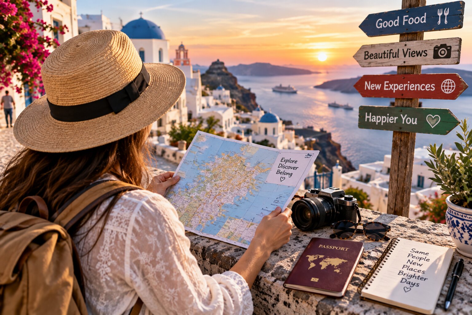 Traveler exploring a scenic coastal destination with a map, backpack, and camera