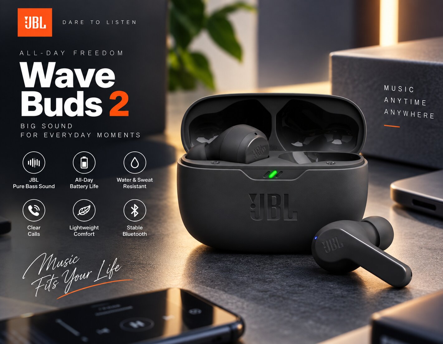 Best Wireless Earbuds On Amazon, JBL Vibe Beam true wireless earbuds, AI-generated editorial image for illustrative purposes.