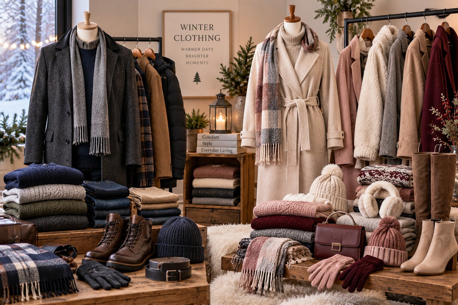 Winter clothing collection displayed indoors with coats, sweaters, scarves, hats, gloves, boots and warm seasonal accessories