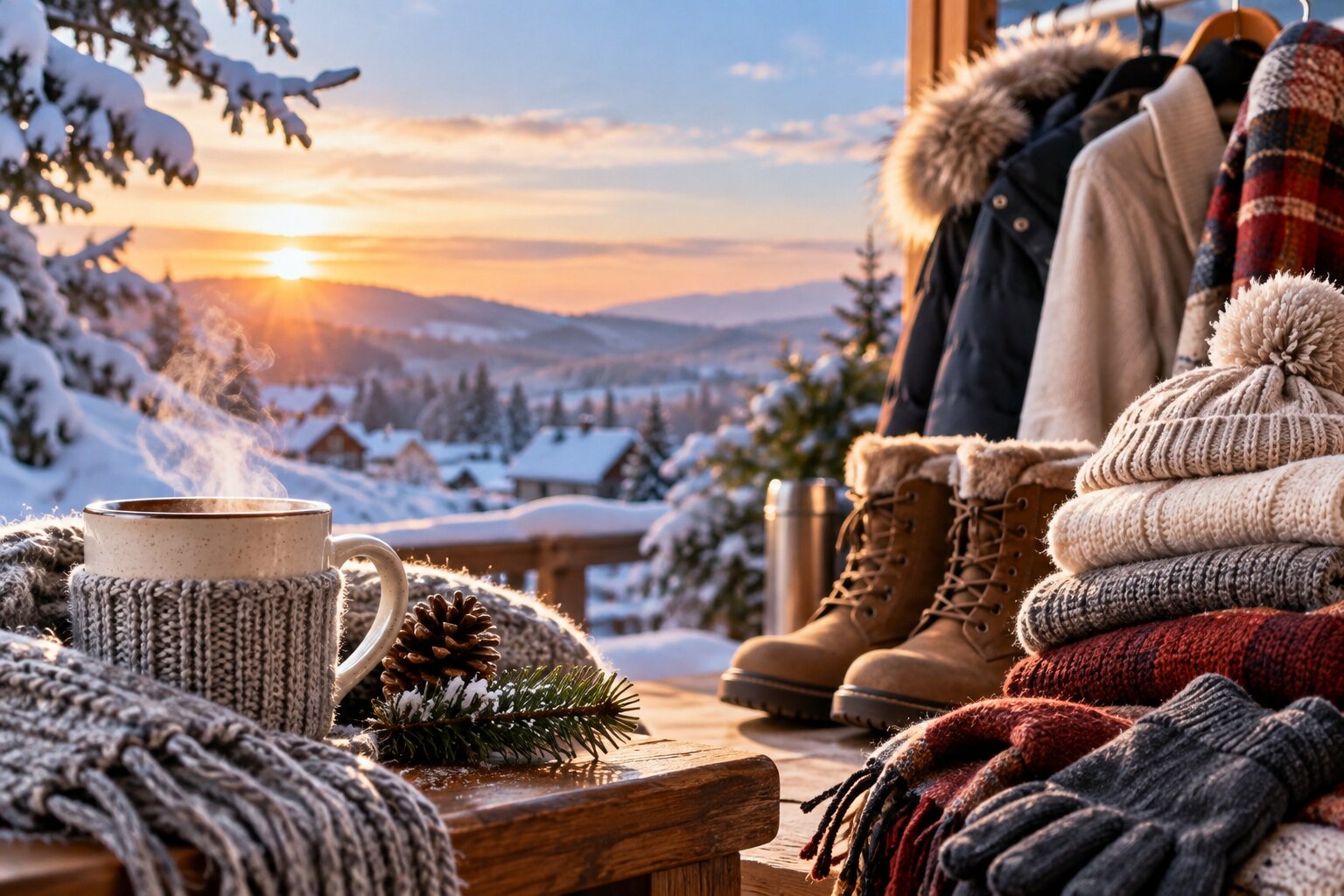 Cozy winter lifestyle scene with warm clothing, knit scarves, boots, steaming coffee and a snowy outdoor landscape