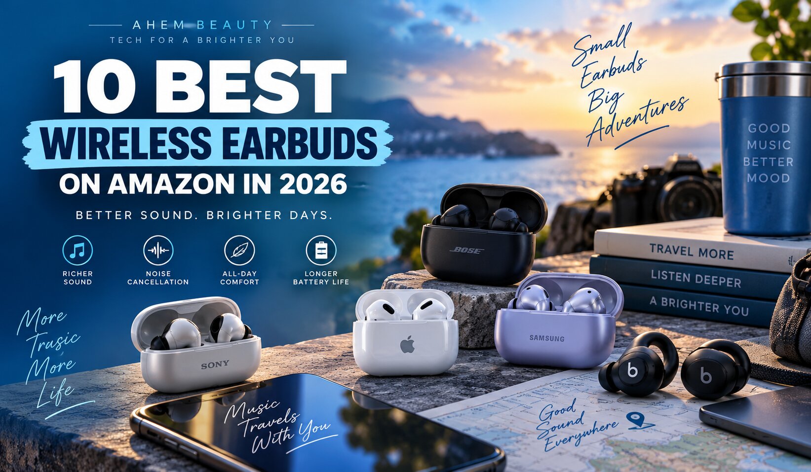Best wireless earbuds on Amazon, AI-generated editorial image for illustrative purposes showing modern true wireless earbuds
